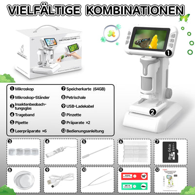 Charmofun Mikroskop für Kinder, Digitales Mikroskop mit 4 Zoll LCD-Display und 1600X Große Vergrößerung, Microscope for Kids mit 64GB Speicherkarte, Foto-und Videoaufnahme, Hand-und Stativfunktion
