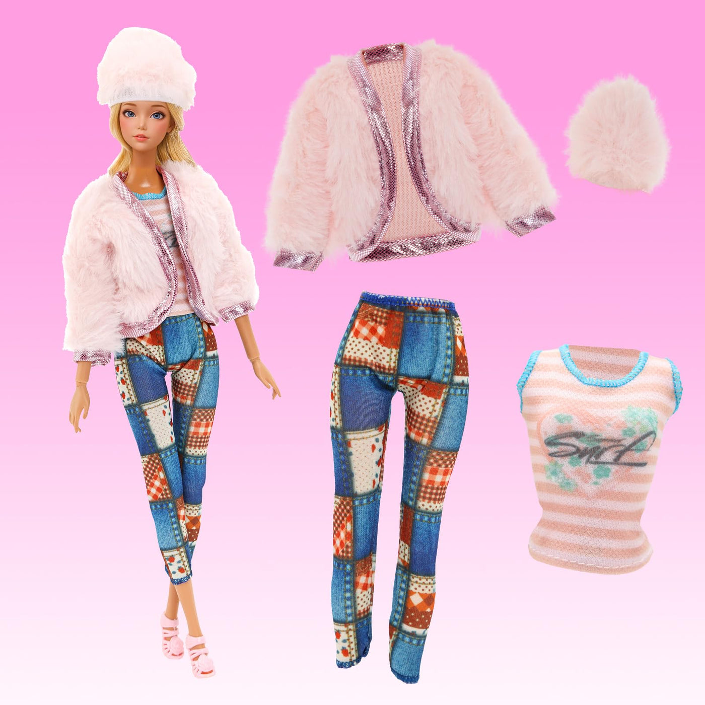 Miunana 28 Kleidung für 30 cm Puppen Puppenkleidung, 1 Mantel 1 Plüschoberteil Outfit 1 Pullover 1 Plüschjacke Set 3 Fashion Kleider 3 Tops 3 Hosen 5 Minikleider 10 Schuhe für 11,5 Zoll Puppen