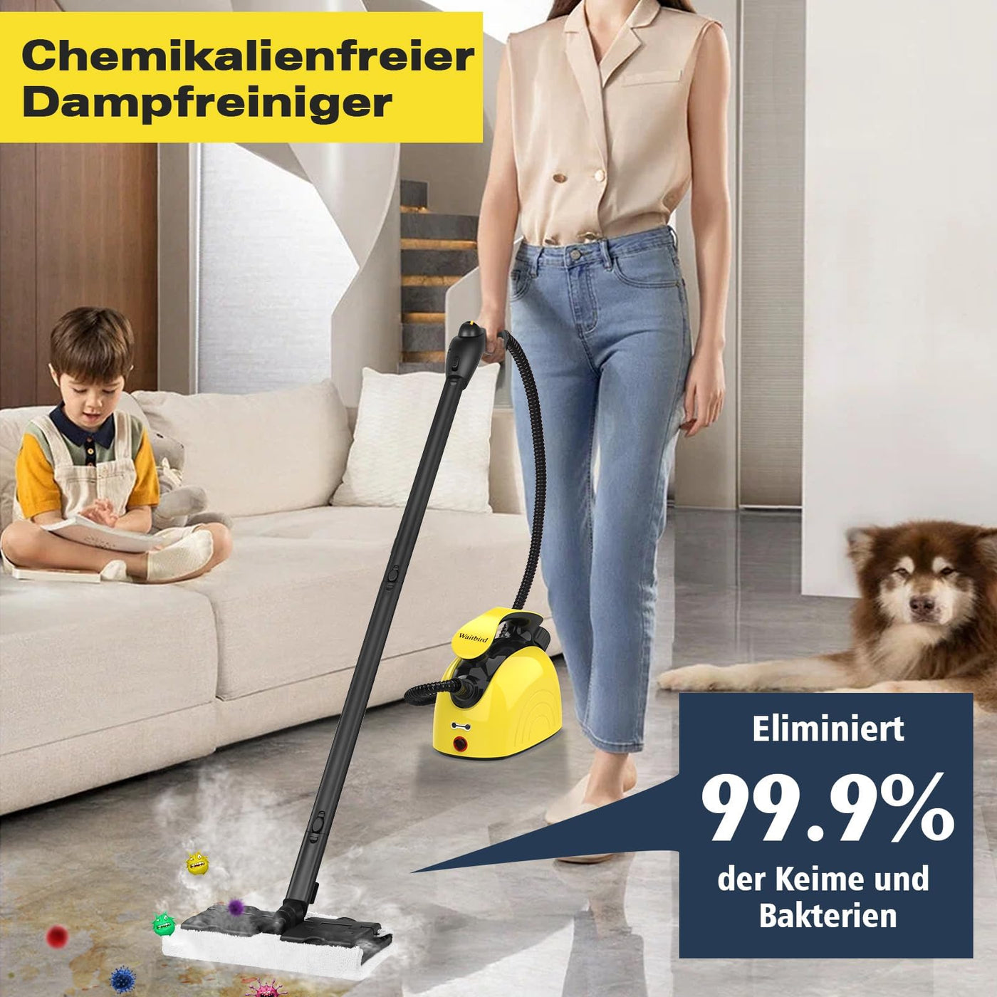 Waitbird Dampfreiniger, manueller Mehrzweck-Dampfreiniger mit Schultergurt zur Reinigung von Polsterböden, Sofas, Fenstern, Fliesen, Haushalten, Autos
