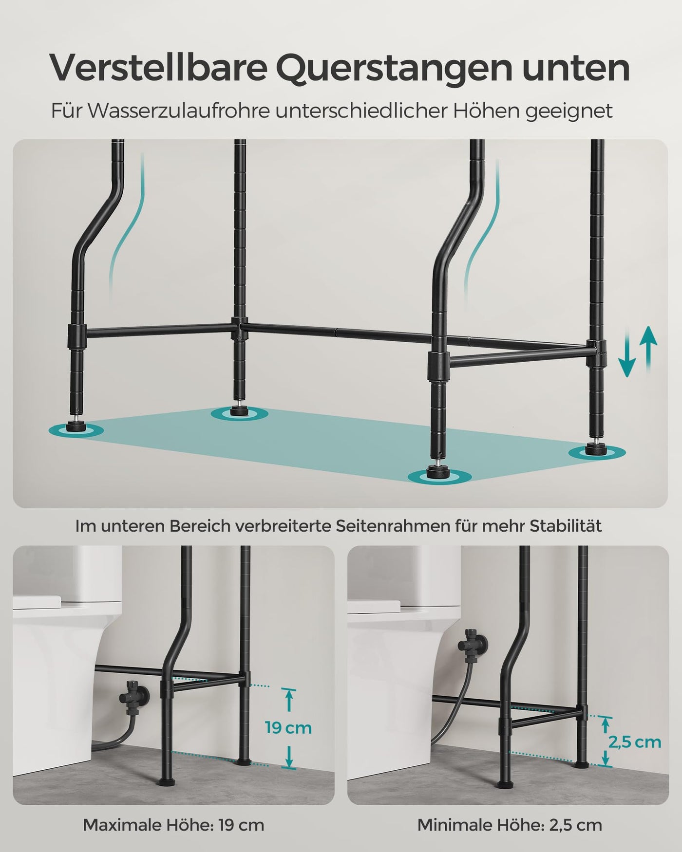 SONGMICS 4-stöckiges Toilettenregal, Badezimmerregal, Waschmaschinenregal, verstellbare Ablagen, mit Haken, Toilettenpapierhalter, platzsparend, 30 x 63 x 176 cm, schwarz BTS013B01