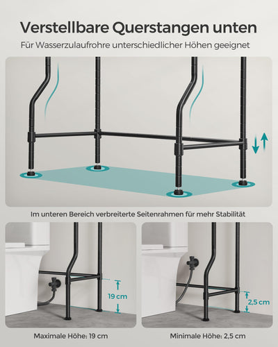 SONGMICS 4-stöckiges Toilettenregal, Badezimmerregal, Waschmaschinenregal, verstellbare Ablagen, mit Haken, Toilettenpapierhalter, platzsparend, 30 x 63 x 176 cm, schwarz BTS013B01