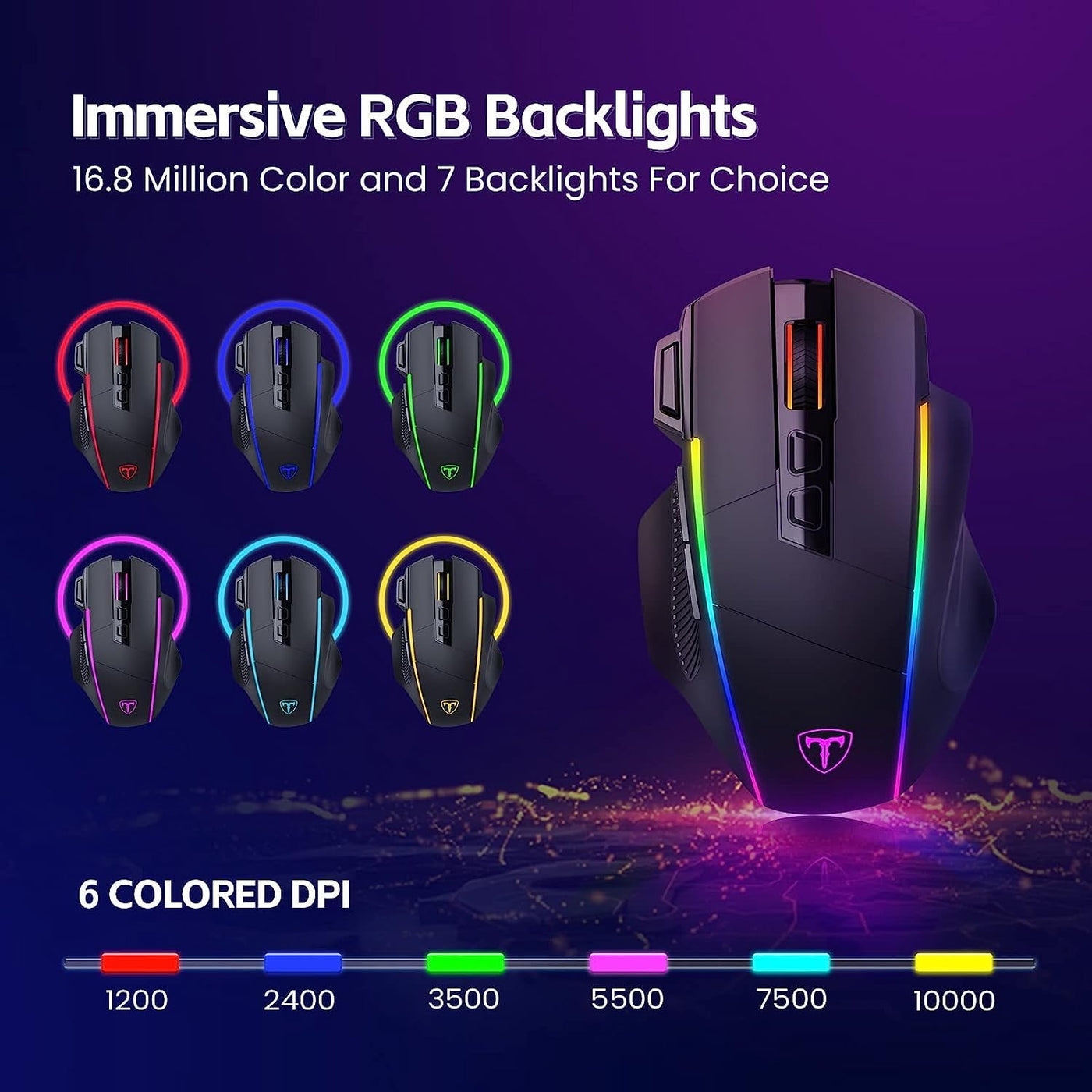 RisoPhy Gaming Maus Kabellose RGB,2.4G/USB-C/Bluetooth Maus mit 8 Programmierbare Tasten/10000DPI/7 RGB Beleuchtung,Wireless Ergonomische Maus für PC/Mac Gamer
