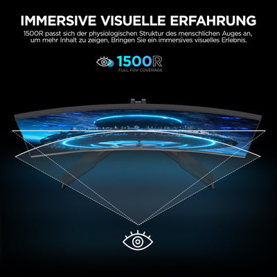 KOORUI 27 Zoll Curved Gaming Monitor, FHD 1080p, 1ms Reaktionszeit,180Hz Bildwiederholraten, HDMI 2.0/DP 1.2, 250cd/m² Helligkeit, Schwarz 27E6CA