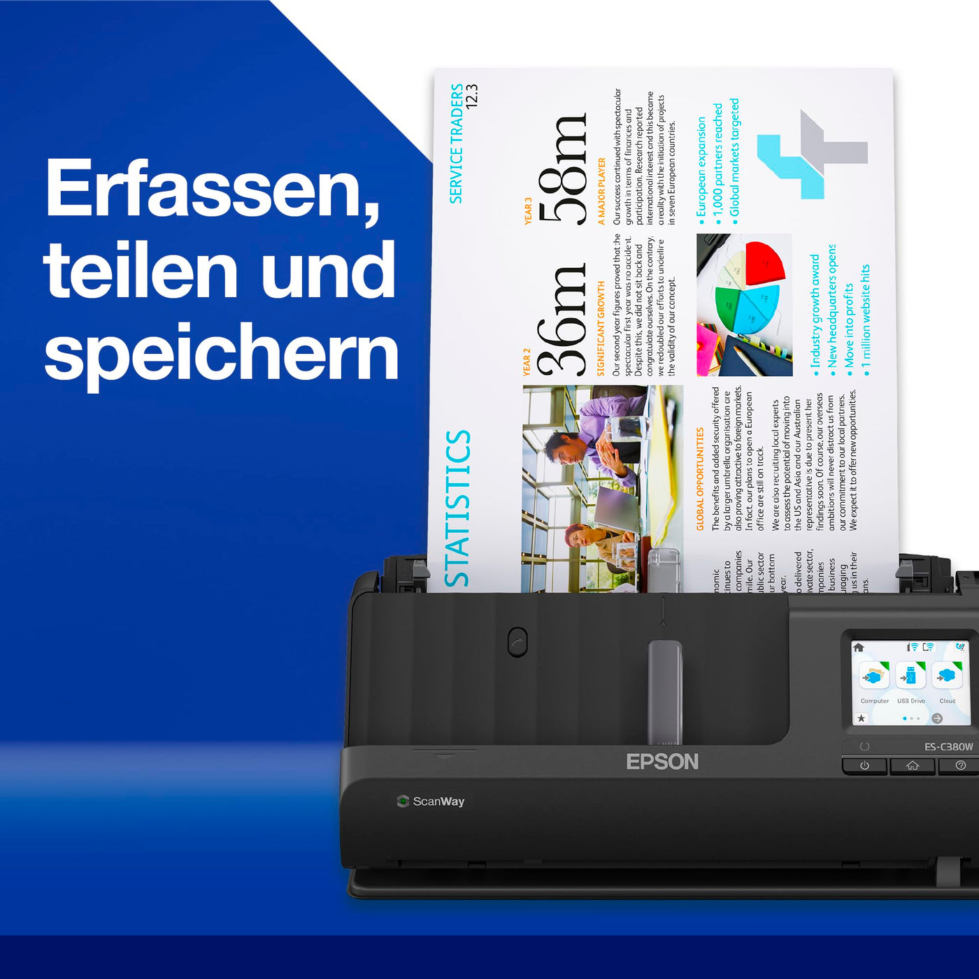 Epson Netzwerk Scanner ES-C380W, kompakter A4 Business Scanner mit geringem Stromverbrauch, Duplex-Einzugscanner mit vielseitiger Medienverarbeitung, schwarz
