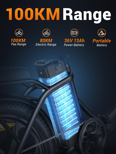 MilePort 1 Elektrofahrrad Für Erwachsene, 250W Klappbares Elektrofahrrad Mit 36V 13AH Abnehmbarem Akku, Geschwindigkeit 25KM/H und Reichweite 100KM, 20„ * 3.0“ Fetter Reifen (Urban, Schwarz)