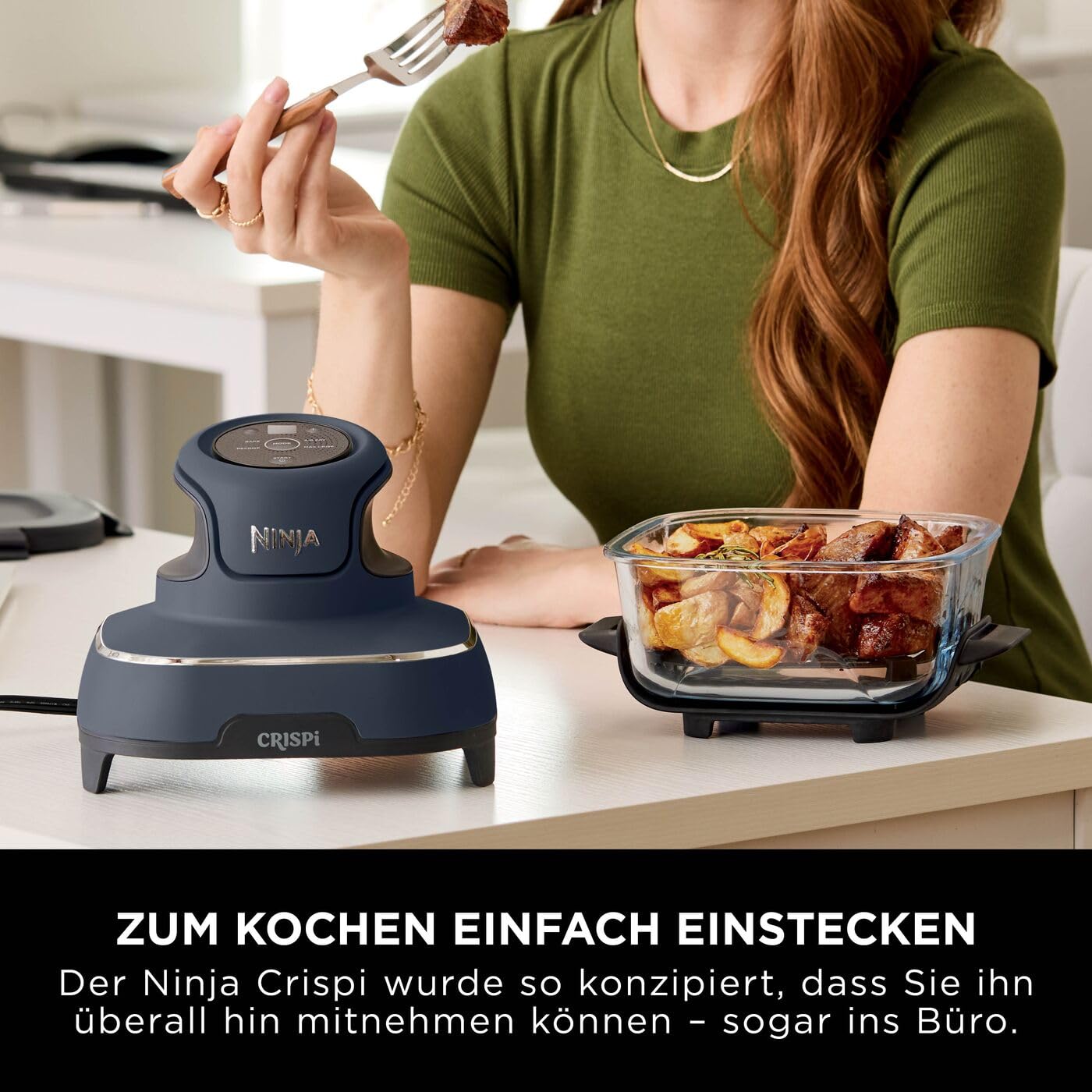 Ninja CRISPi tragbare Airfryer Heißluftfritteuse, 3,8 l, 4-in-1: Heißluftfrittieren, Braten, Warmhalten, Recrisp, kompakt, 6 Portionen, 2x herausnehmbare Glasbehälter & Deckel, 1.700 W, Grau FN101EUGY