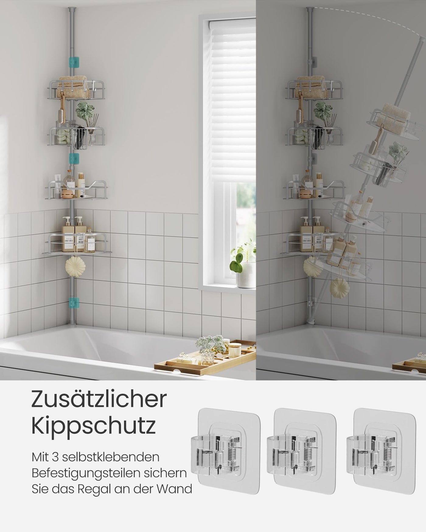 SONGMICS Duschregal, Badregal, Duschablage ohne Bohren, Gesamthöhe 80-323 cm, mit 4 Ebenen, Regal höhenverstellbar, für Badezimmer, Taubengrau BCB003E01