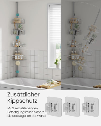 SONGMICS Duschregal, Badregal, Duschablage ohne Bohren, Gesamthöhe 80-323 cm, mit 4 Ebenen, Regal höhenverstellbar, für Badezimmer, Taubengrau BCB003E01