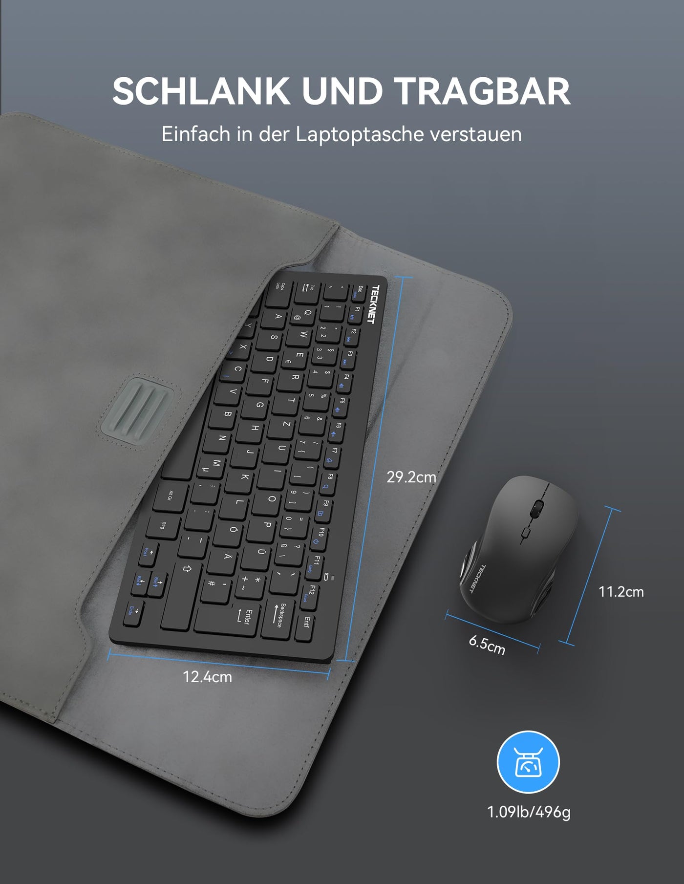 TECKNET Kabelloses Tastatur Maus Set, Deutsch QWERTZ Layout, 2.4 GHz Funk Mini Tastatur Mouse, 15m Reichweite Verbindung, Wireless Leise Funktastatur mit Maus für PC, Laptop, Smart TV, Schwarz