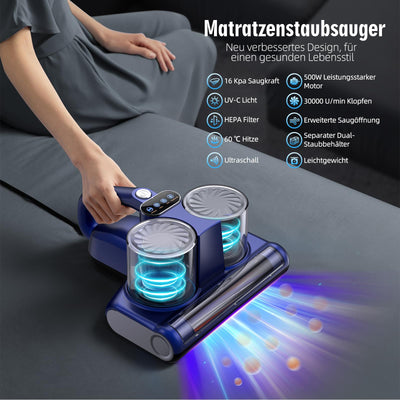 Milbensauger für Matratzen Milbenstaubsauger mit 253,7nm UV-Licht 16Kpa Absaugung Bürstenwalzenklopfen HEPA Filter Ultraschall Heißer Wind Funktion Bett-Staubsauger Verbreiterte Saugöffnung 500W Blau