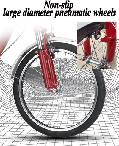 LSQXSS Outdoor-Cruiser-Fahrräder mit hinterer Kabine, älteres Roller-Dreirad mit hinterem Beifahrersitz, Freizeit-Einkaufswagen-Rikscha-Tretfahrrad für Erwachsene, Stoßdämpfer-Vordergabel