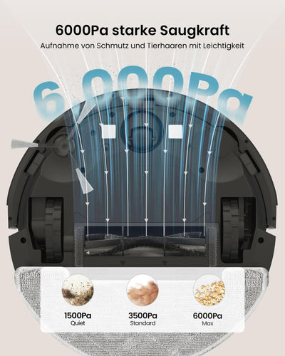Vexilar W11 Staubsauger Roboter mit Wischfunktion, 3L Saugroboter mit Absaugstation, 6000Pa Saugkraft, 180Min Laufzeit, LiDAR Navigation, 15 No-Go Zonen, APP Steuerung, Ideal für Teppich und Tierhaare