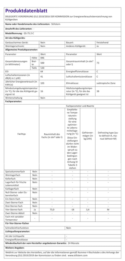 Stillstern Gefrierschrank C (73L) 4-Sterne-Gefrierfach -18°C, geringer Energieverbrauch, 3 Fächer, stufenlos regelbare Temperatur, wechselbarer Türanschlag, Gefrierschrank Klein, Tiefkühlschrank