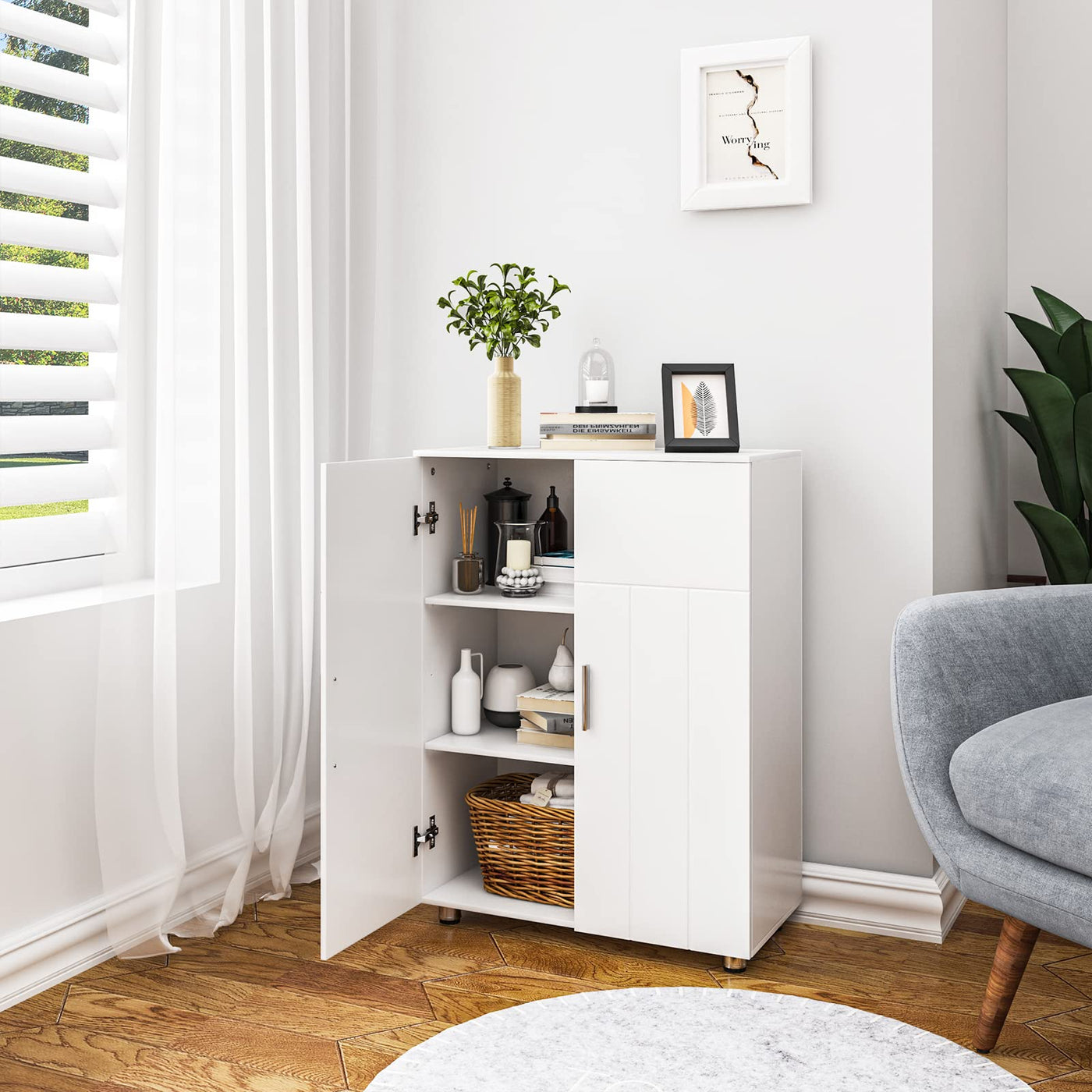 EUGAD Badezimmerschrank,schmaler Badschrank,Beistellschrank, Kommodemit 3 Ablagen, Schranktür, verstellbare Ablage, für Wohnzimmer, Küche, Flur, Freistehend Weiß