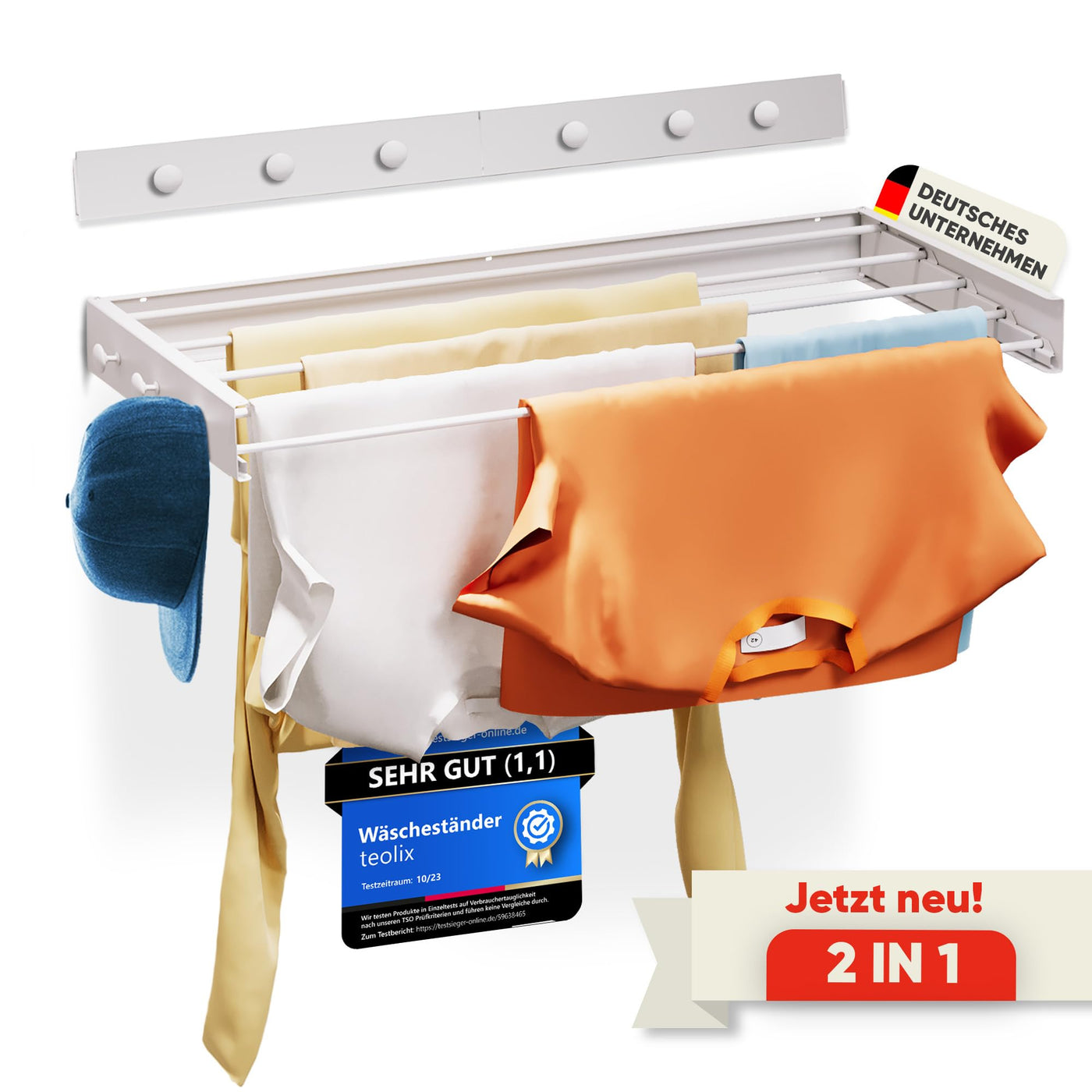 teolix Wäscheständer Wandmontage [2in1 mit extra Kleiderhaken] Ausziehbar und Platzsparend | Wäschetrockner Klein für Wand | Clothes Drying Rack Zeitlos Praktisch - (Weiß, 80cm)