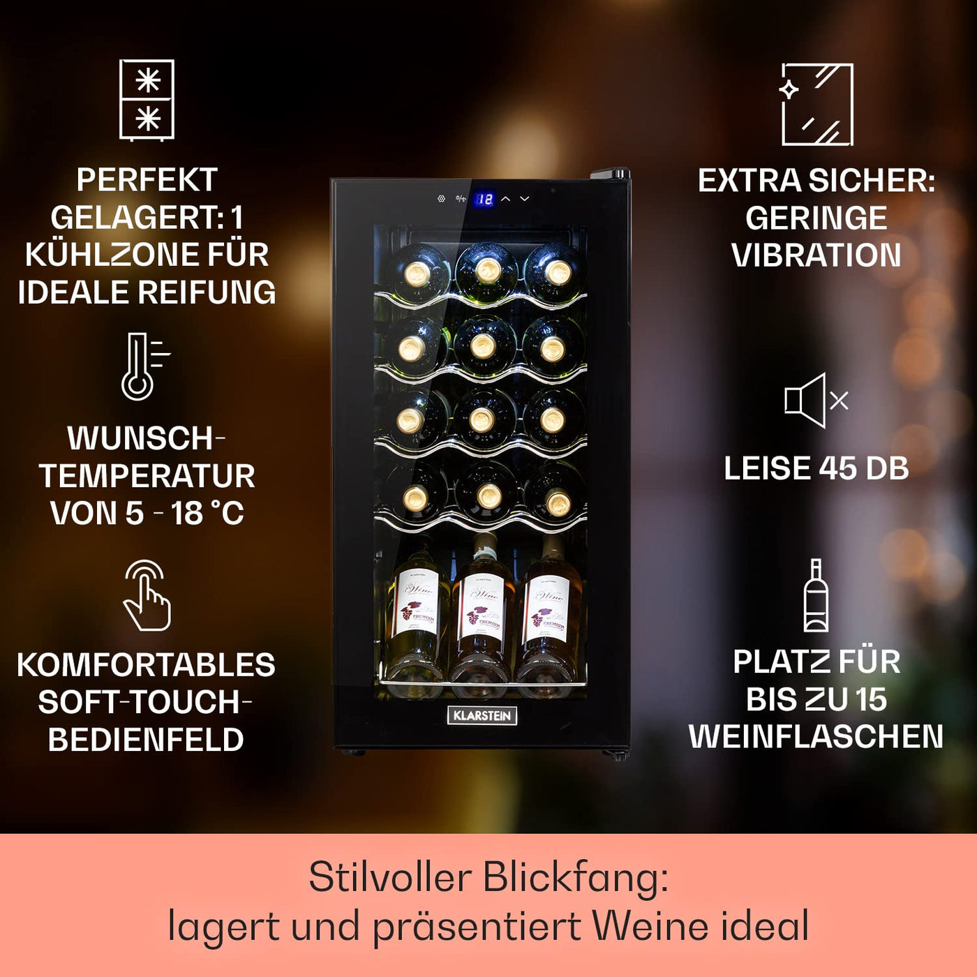 Klarstein Weinkühlschrank, 1 Zonen Getränkekühlschrank Klein, Kleiner Weinschrank 53L, Wein-Kühlschrank Klein mit Glastür, Indoor/Outdoor Flaschenkühlschrank, Wine Fridge 5-18°C, 15 Flaschen