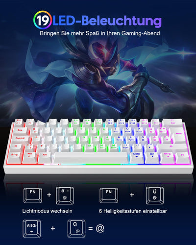 TECURS Gaming Tastatur, Mechanische Tastatur 60% TKL QWERTZ Blaue Schalter, Gamer Tastatur Kabelgebunden 61 Tasten für PC Windows/PS5/PS4, Weiß