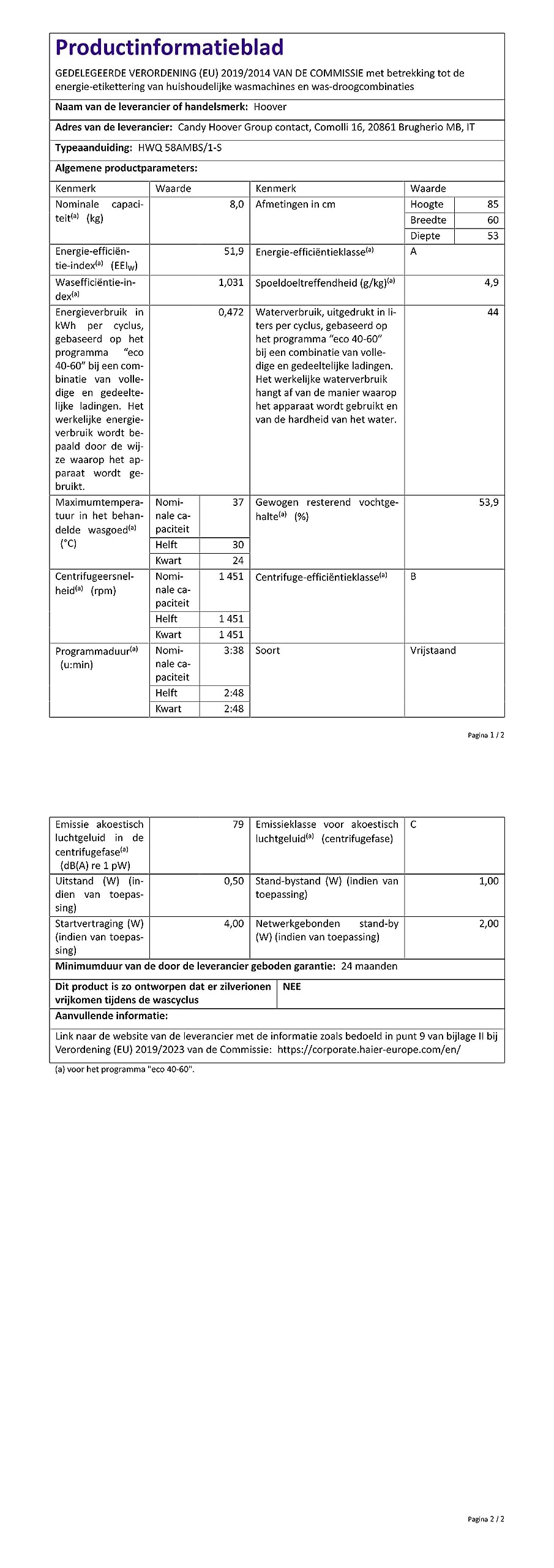 Hoover H-WASH 500 HWQ 58AMBS Waschmaschine / 8kg / 1500 U/Min. / Eco-Power Inverter Motor/ActiveSteam Dampffunktion/Mengenautomatik Plus/Aquastop/WLAN