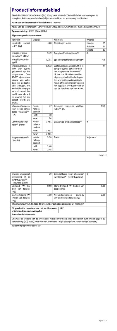 Hoover H-WASH 500 HWQ 58AMBS Waschmaschine / 8kg / 1500 U/Min. / Eco-Power Inverter Motor/ActiveSteam Dampffunktion/Mengenautomatik Plus/Aquastop/WLAN