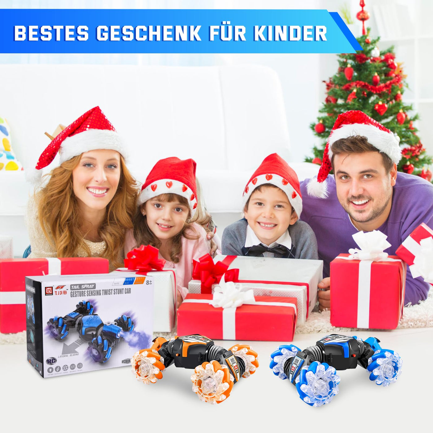 Herenear Ferngesteuertes Auto mit Handsteuerung, 4WD 2.4GHz RC Stunt Car mit Licht und Sprühen, 360° Drehung Crawler Fahrzeug, Doppelseitige Rotierende Off Road RC Twist Car für Kinder (Blau)