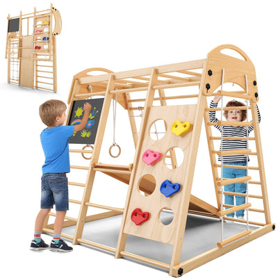 Freelawn Klettergerüst Indoor Montessori 9-in-1 Holz Spielplatz - Kletternetz, Rutsche, Sprossenwand für Kinder 1-6 Jahre (Natur)