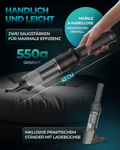 KLAMER Handstaubsauger, 140W Akku Handstaubsauger, Leistungsstark mit 16.000 PA und 36 min Laufzeit, Kabelloser Handstaubsauger inkl. Ladestation für Büro, Haus & Auto, beutellos