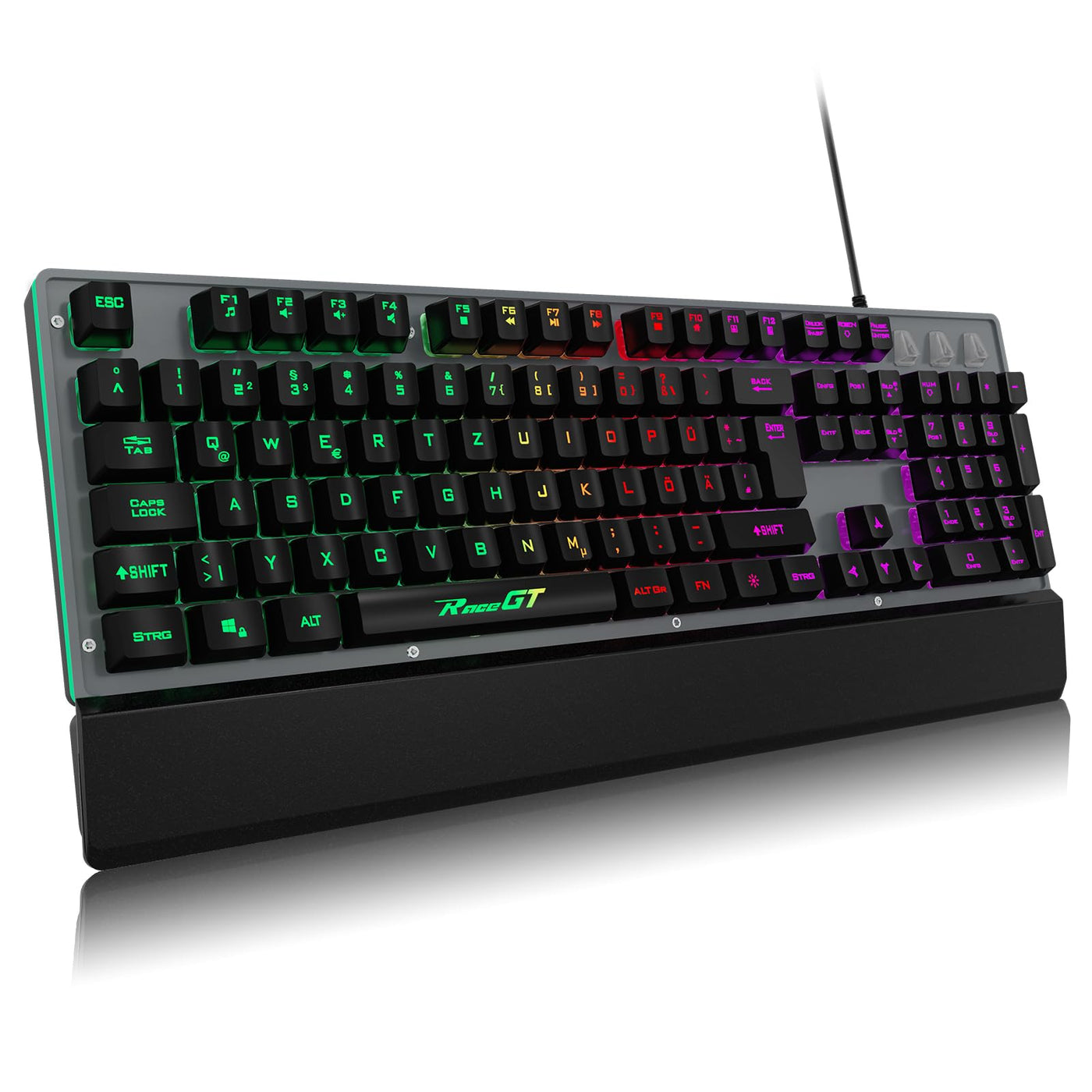 RaceGT Gaming Tastatur Kabel, Tastaturen LED Handballenauflage Beleuchtet Full Size Metallplatte Keyboard mit Nummernblock, Multimedia Tasten, DE QWERTZ Layout, für Office PC Gamer Laptop Xbox