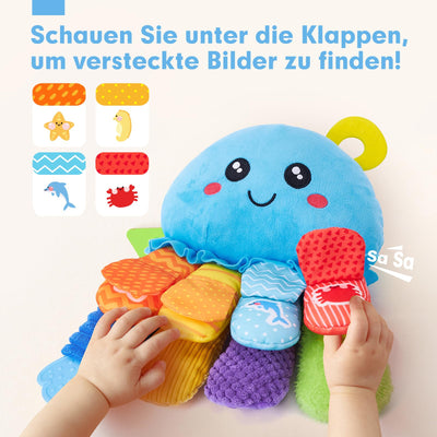 hahaland Oktopus Activity Sensorik Rassel mit Beißring,Spiegel,Baby Knister Spielzeug zum Greifen für Jungen und Mädchen 0 3 6 Monate,Neugeborene Geschenk, Montessori Greifling Spielzeug