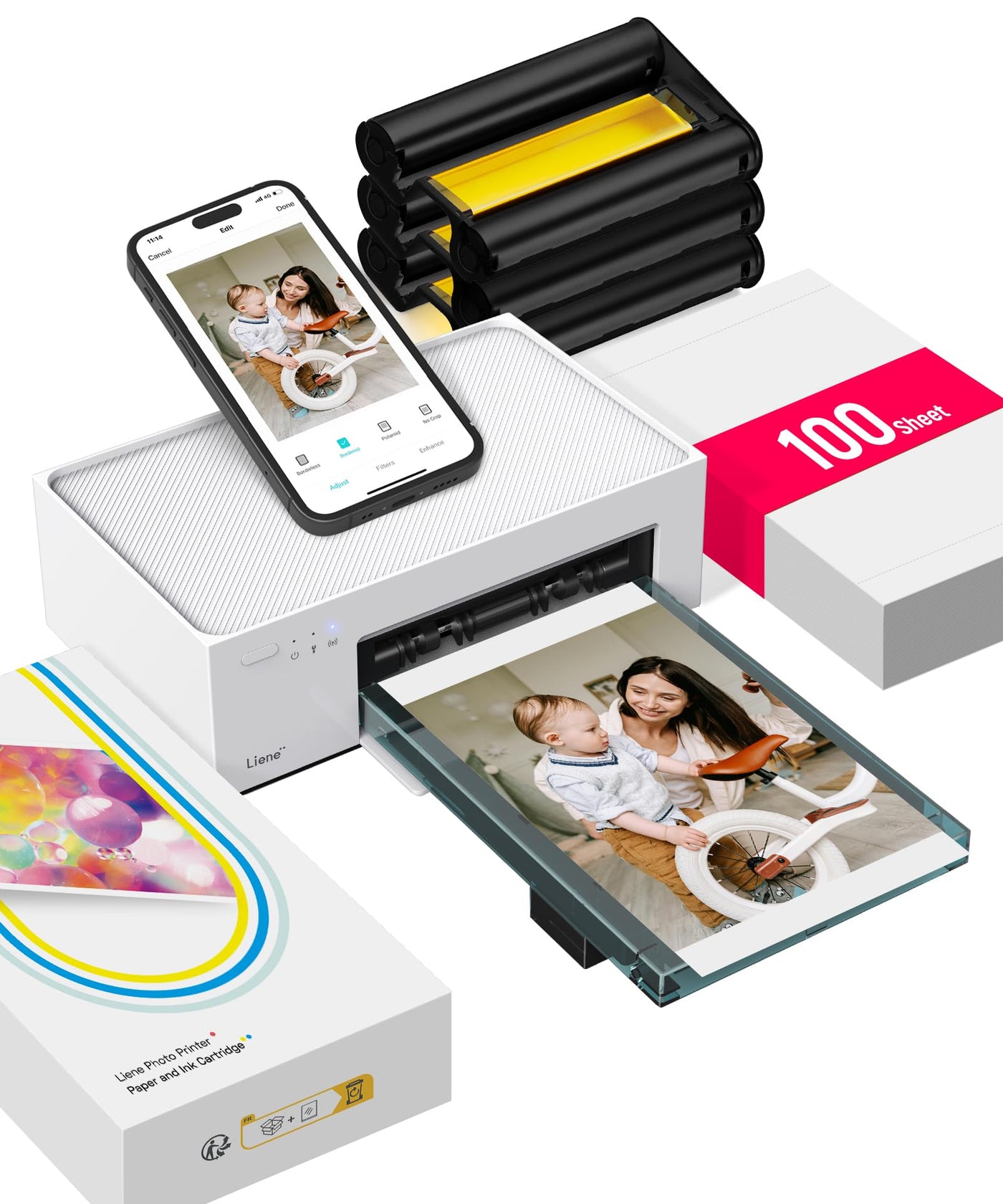 Liene Fotodrucker für Smartphone(10x15 cm)+Set mit 2 Packungen(20+80 Blatt) Fotopapier/Patrone,WiFi Handy Fotodrucker für iPhone/Android/PC, 300DPI Farbsublimation Sofortbilddrucker, Printer Portable