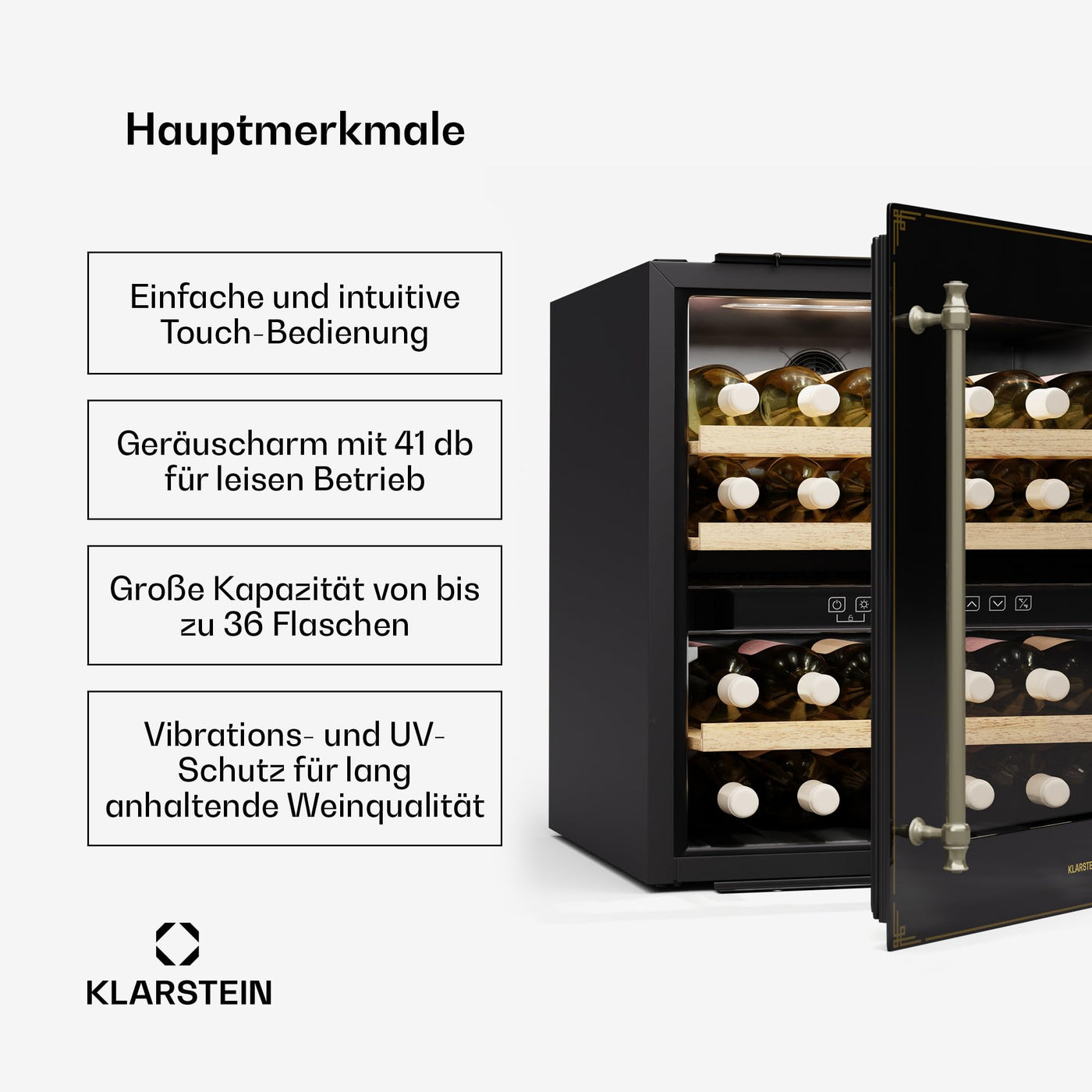 Klarstein Vinsider Victoria 36 Weinkühlschrank – 36 Flaschen, 2 Zonen, 5–22°C, Touch-Bedienung, LED, UV-Schutz, Einbau, schwarz