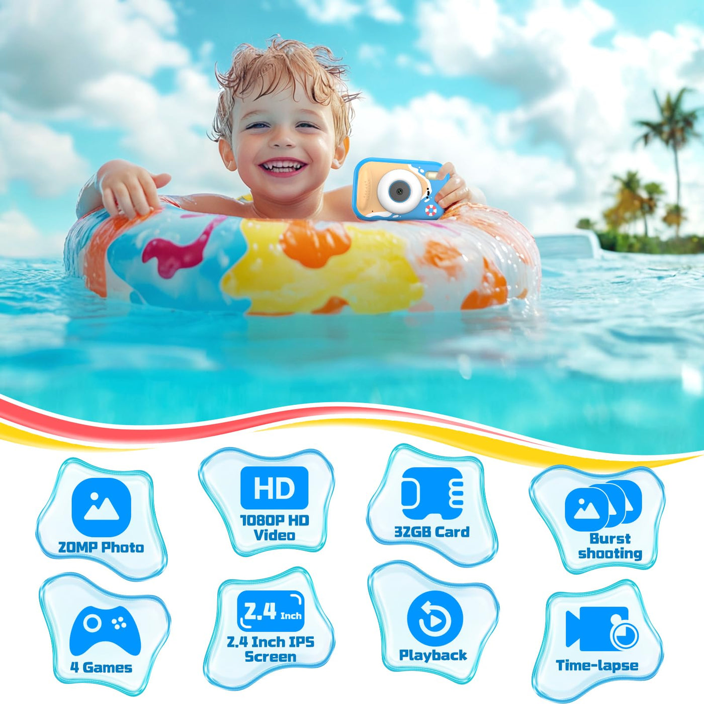 wasserdichte Kamera für Kinder, 48MP 1080P Kinderkamera Digitalkamera Unterwasser Kamera Kinder mit 2,4 Zoll Bildschirm 32GB-Karte Notfall-LED-Blitz, Geschenk für 3-12 Jahre Mädchen Jungen,Blau