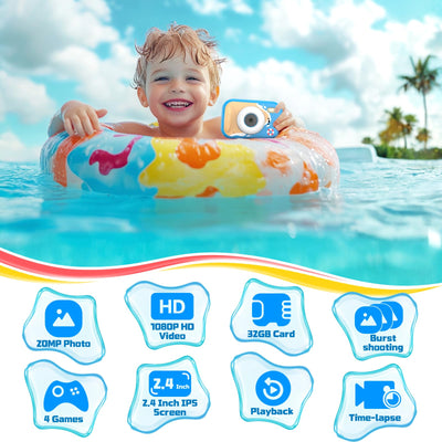 wasserdichte Kamera für Kinder, 48MP 1080P Kinderkamera Digitalkamera Unterwasser Kamera Kinder mit 2,4 Zoll Bildschirm 32GB-Karte Notfall-LED-Blitz, Geschenk für 3-12 Jahre Mädchen Jungen,Blau