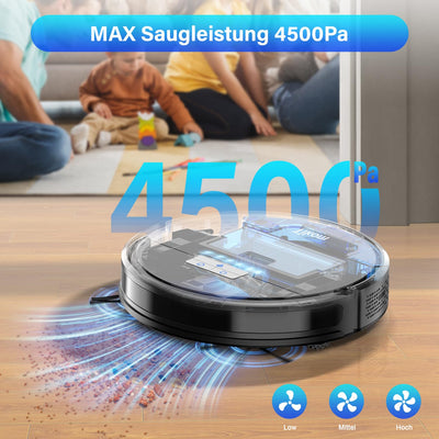 Tikom Saugroboter mit Wischfunktion 2 in 1, G8000 Pro Staubsauger Roboter, 4500Pa Starke Saugkraft Roboterstaubsauger, Selbstaufladend, WLAN, 150Mins Max, Ideal für Tierhaare, Teppich, Hartboden