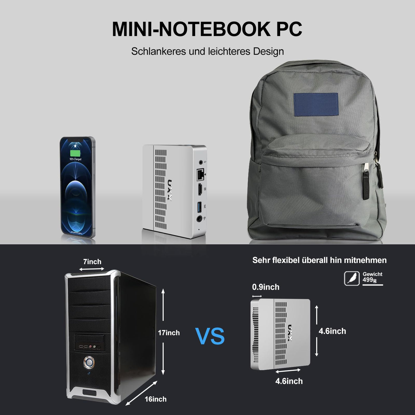 UXX Mini PC Unterstützung 512GB M.2 SSD Erweiterung, N3350 Micro Desktop Computer 64GB eMMC, Gaming PC 4K UHD Dual Display, BT, 2.4/5G WiFi, USB 3.0, HD für Büro/Home (silbrig)