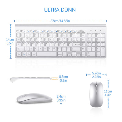 Tastatur Maus Set Ultra Slim, TopMate 2,4G Stille Compact USB 2400DPI Maus und Schissschalter Tastatur mit Abdeckung mit 2 AA & 2 AAA Batterien für PC/Laptop/Windows/Mac - Silber Weiss