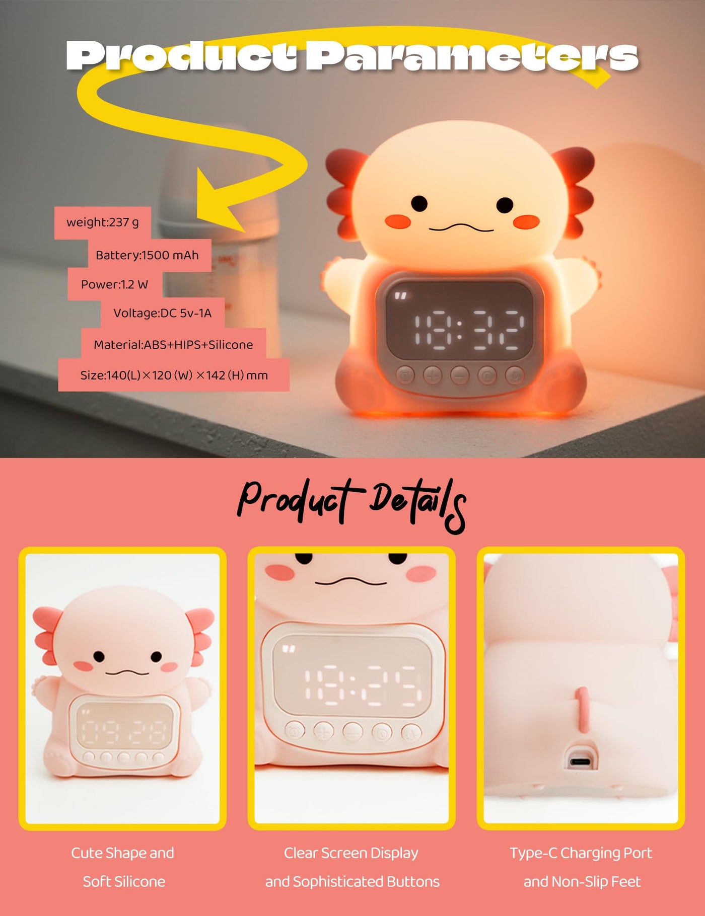 IHALO Cute Axolotl Wecker Kinder mit Nachtlicht, Kinderwecker Mädchen Nachttisch, Silikon Nachtlicht für Kinder, Wiederaufladbar, Zwei Wecker, Datum, Uhrzeit, Dekoration für Babyzimmer