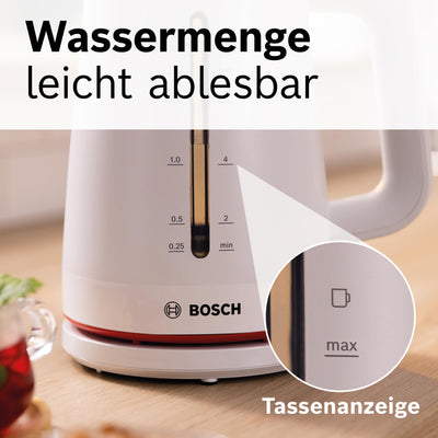 Bosch kabelloser Wasserkocher MyMoment TWK3M121, Abschaltautomatik, Überhitzungsschutz, Tassenanzeige, beidseitige Wasserstandsanzeige, entnehmbarer Kalkfilter, 1,7 L, 2400 W, Weiß matt