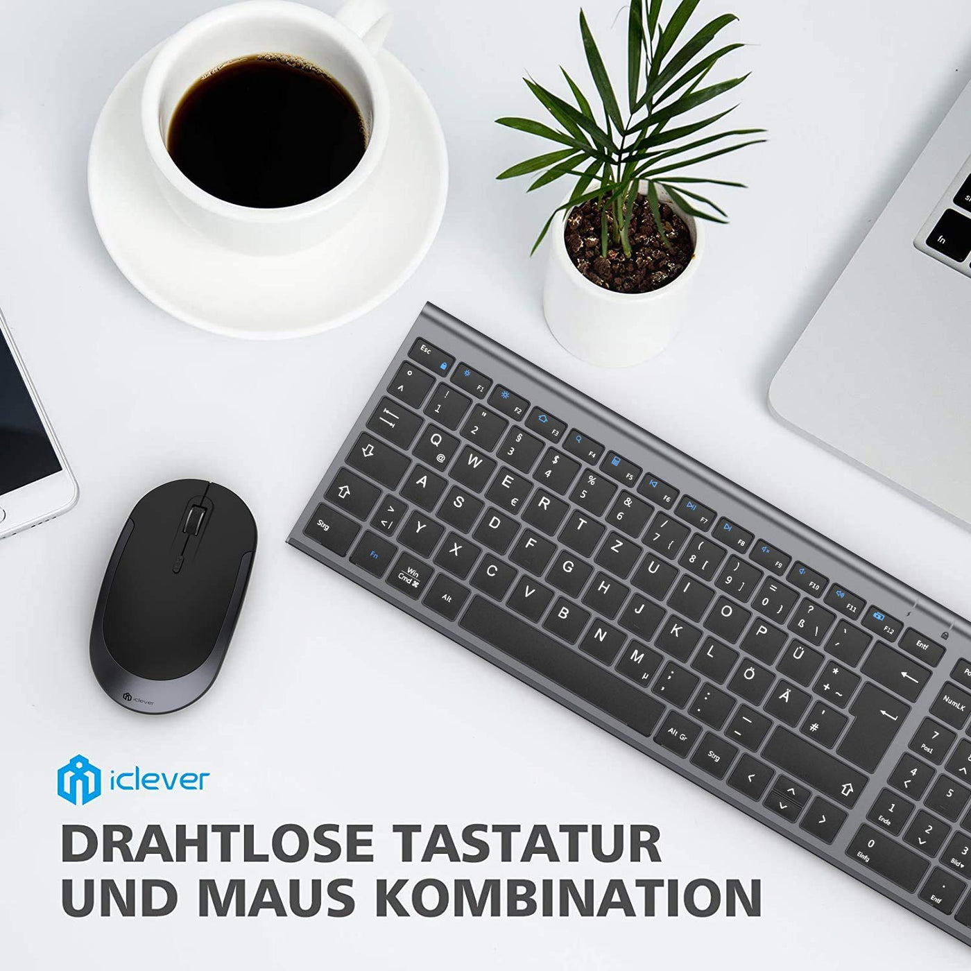 iClever GK03 2.4G Tastatur Maus Set Kabellos, Aluminium Wireless Slim Tastatur QWERTZ Layout (Deutsch), für Computer/Desktop/PC/Laptop/Oberfläsche/Windows 10/8/7/Vista/XP (2.4GHz, USB)