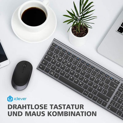 iClever GK03 2.4G Tastatur Maus Set Kabellos, Aluminium Wireless Slim Tastatur QWERTZ Layout (Deutsch), für Computer/Desktop/PC/Laptop/Oberfläsche/Windows 10/8/7/Vista/XP (2.4GHz, USB)