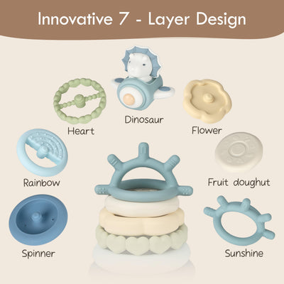 Moonkie Dinosaurier Stapelturm Baby, Silikon Spielzeug mit Ringen, Stapelspiel für Kleinkind Jungen ab 6 Monate 1 2 3 Jahr, Beißring Baby, Sensorik Montessori Spielzeug, 7 Teiliges Set, Babygeschenke