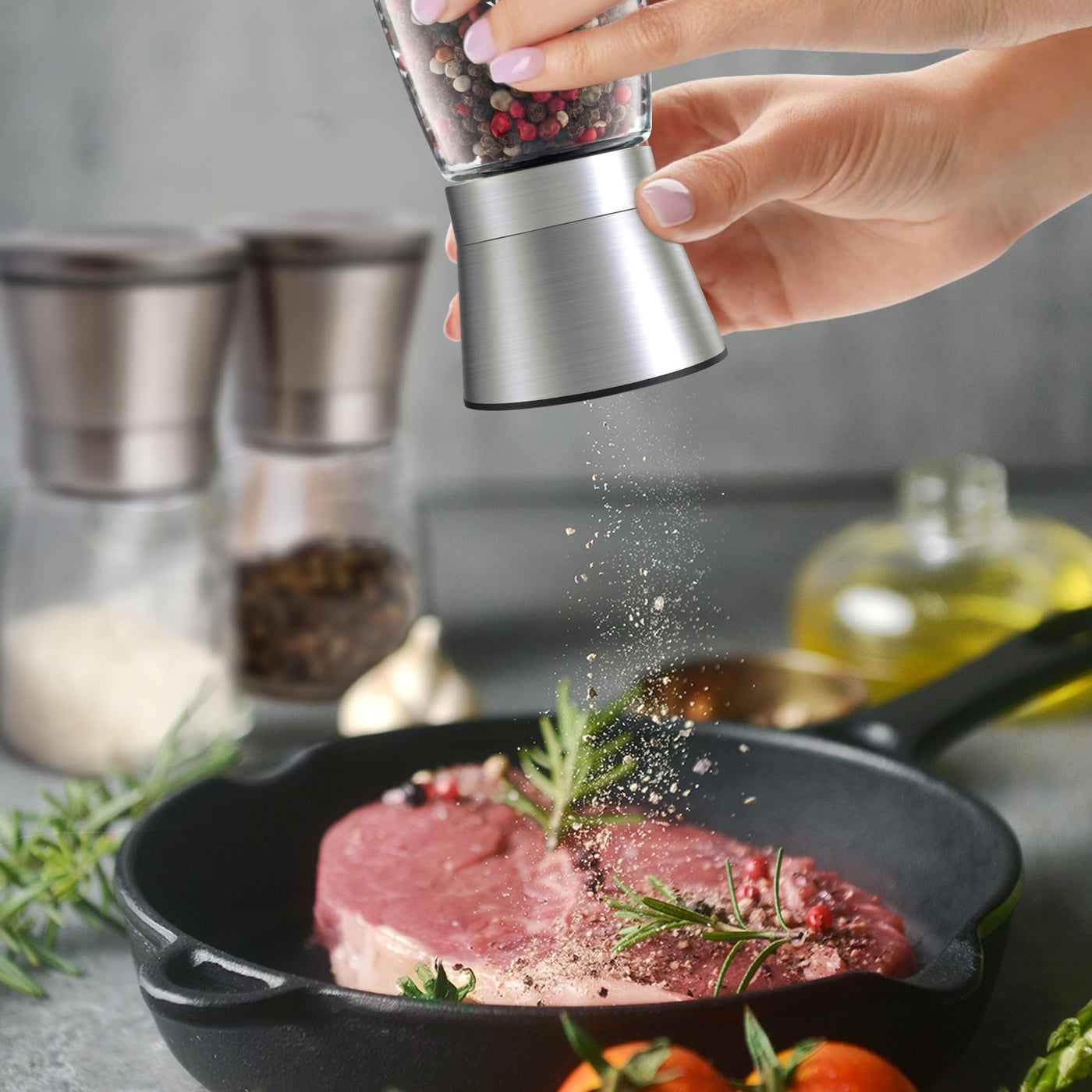 KitchenBoss Salz und Pfeffermühle 2er Set：Gewürzmühle Einstellbar Salzmühle für Grobes Salz, Salt and Pepper Grinder mit Keramikmahlkern, für Salz, Pfeffer, Chilli (Unbefüllt)