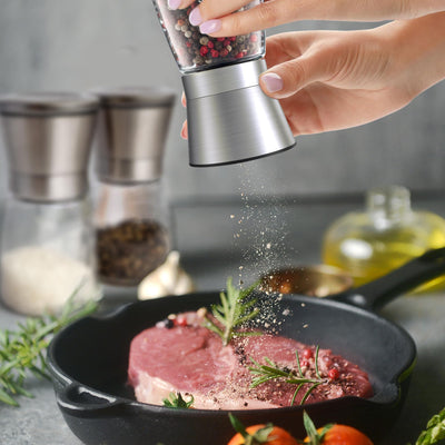 KitchenBoss Salz und Pfeffermühle 2er Set：Gewürzmühle Einstellbar Salzmühle für Grobes Salz, Salt and Pepper Grinder mit Keramikmahlkern, für Salz, Pfeffer, Chilli (Unbefüllt)