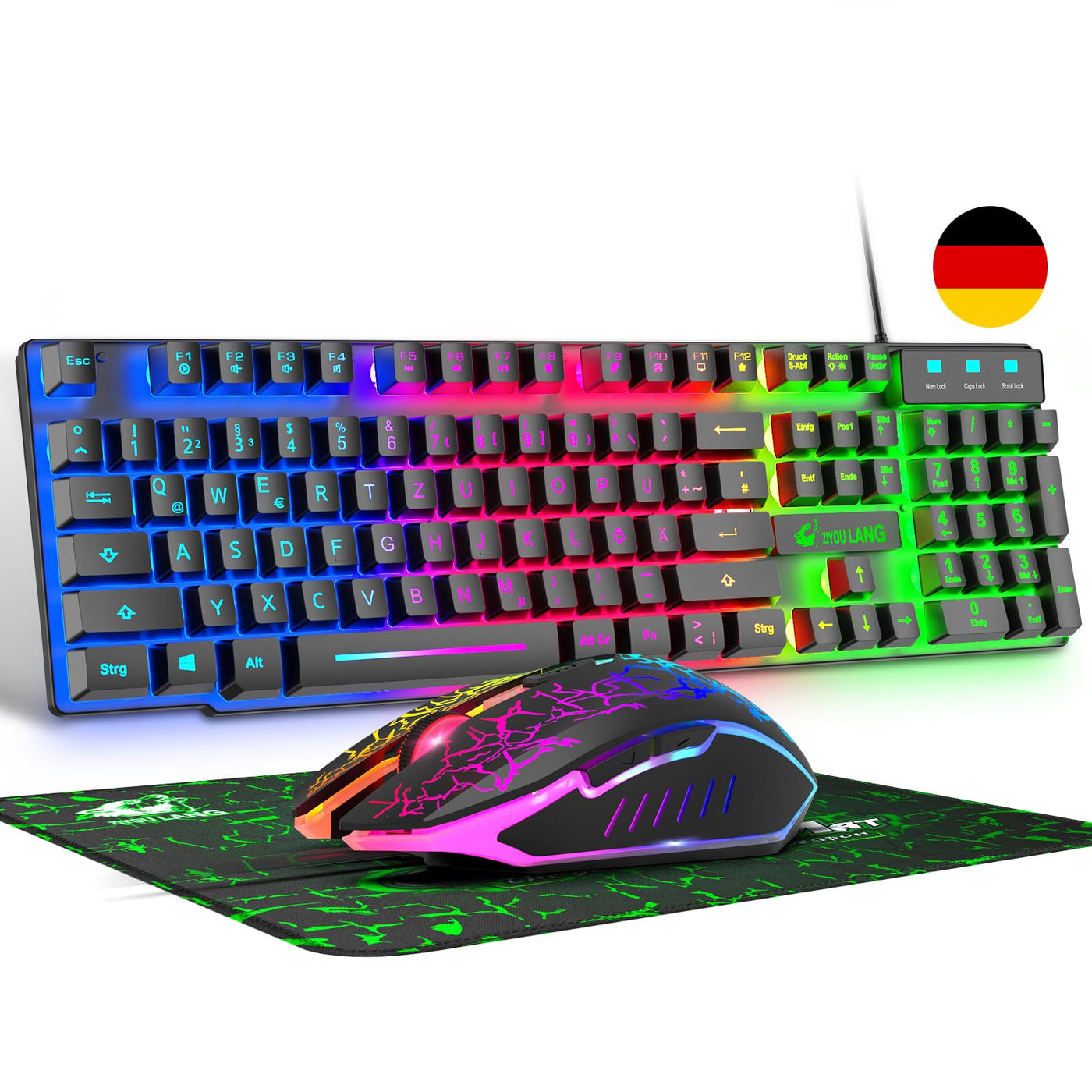 QWERTZ Deutsches DE Layout Kabelgebundene Gaming Tastatur und Maus Set 104 tasten LED Regenbogen Farben Beleuchtete 2400 DPI 6-Tasten-Maus Tastatur und Maus kompatibel mit PC PS5 PS4 Xbox-Schwarze