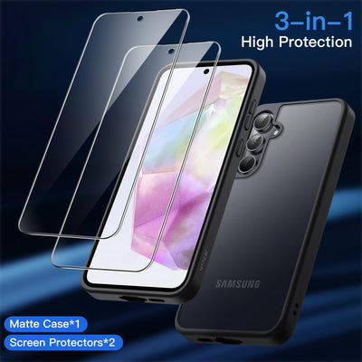 JETech 3 in 1 Matt Hülle für Samsung Galaxy A35 5G mit 2 Stück Gehärtetem Glas Schutzfolie, Transluzente Gefrostete Stoßfeste Handyhülle mit Kameraschutz (Schwarz)