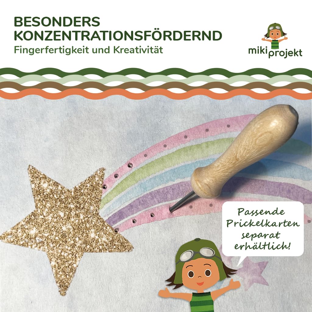 mikiprojekt® 10x Prickel Set Kinder - Made in Germany - 10x ergonomische Prickelnadel Holz + 10x Prickelunterlage Filz (20x15x1 cm) - XXL Prickelset für Gruppen - Vorteilspreis – sicheres Prickeln
