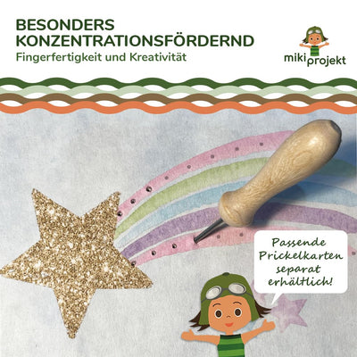 mikiprojekt® 10x Prickel Set Kinder - Made in Germany - 10x ergonomische Prickelnadel Holz + 10x Prickelunterlage Filz (20x15x1 cm) - XXL Prickelset für Gruppen - Vorteilspreis – sicheres Prickeln