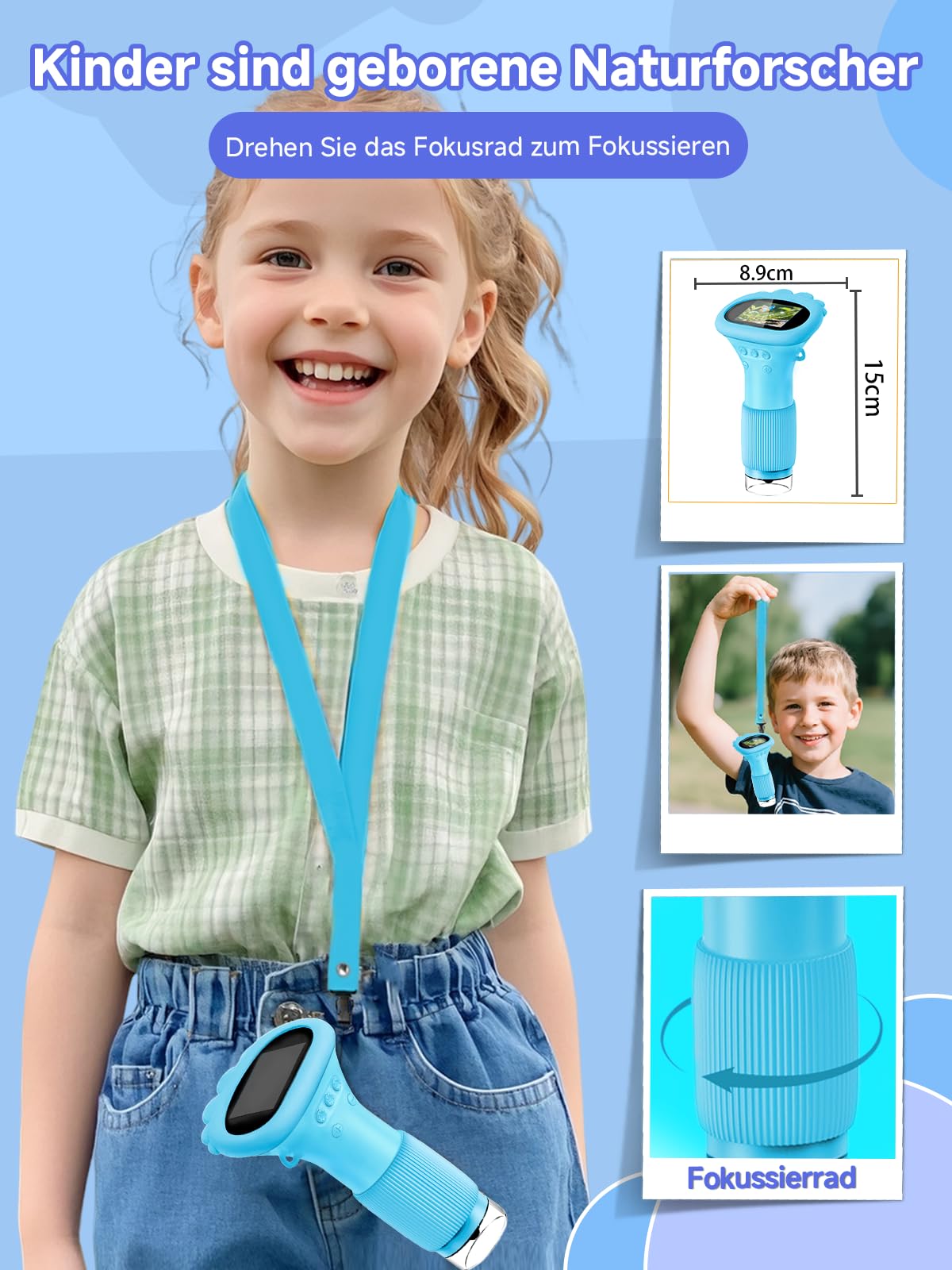 Acoath Mikroskop für Kinder, Digitales Mikroskop mit 2,0" IPS-Bildschirm Lupe 200x Vergrößerung, 8 LED Lights Handy Microscope USB Taschenmikroskop - Blau