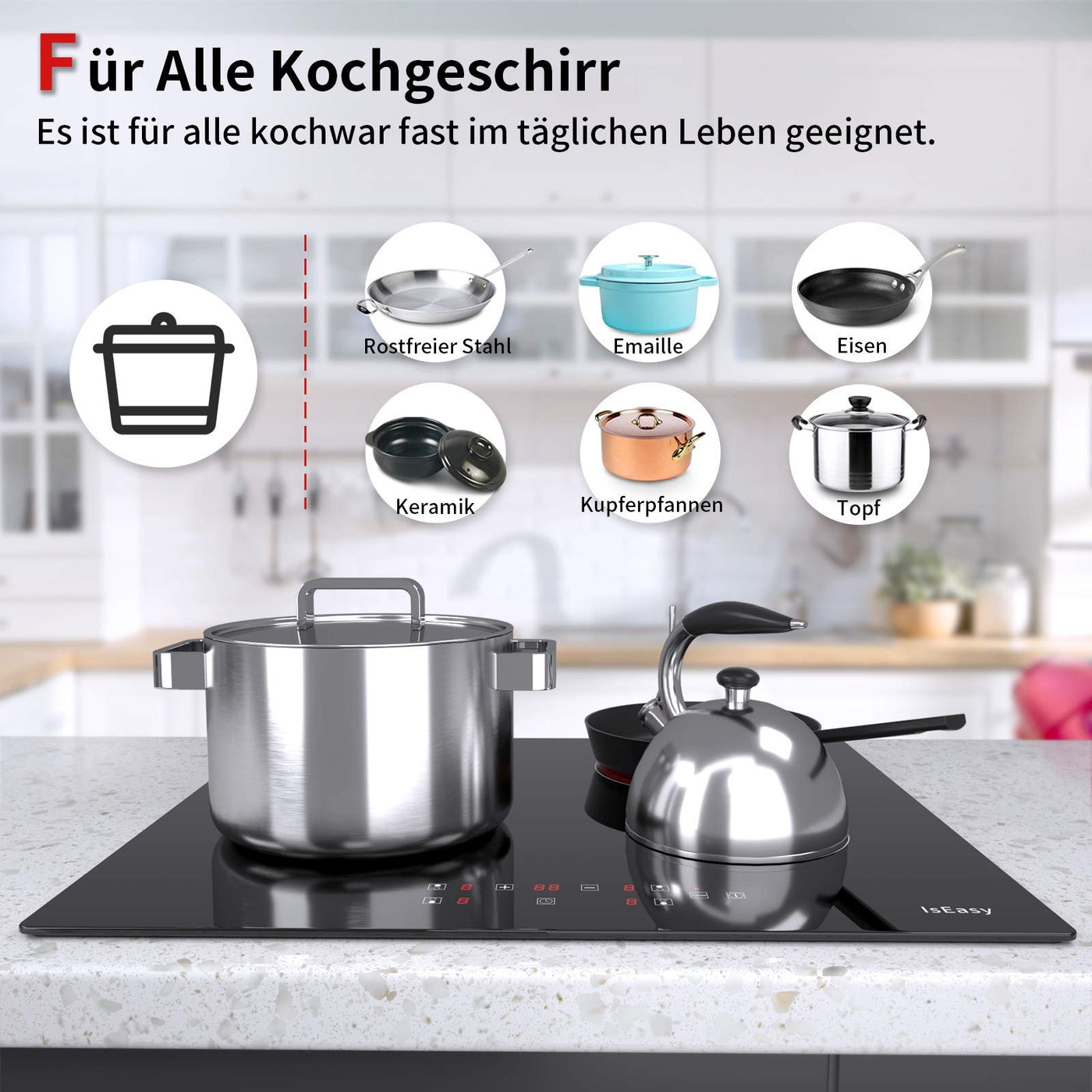 IsEasy Glaskeramikkochfeld, 6000W 59cm, 4 Kochzonen Kochfelder, Verdrahtung, Einbau Elektro Autark Rahmenlos, 9 Heizstufen, Passend für die Meisten Töpfe