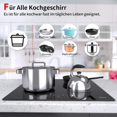 IsEasy Glaskeramikkochfeld, 6000W 59cm, 4 Kochzonen Kochfelder, Verdrahtung, Einbau Elektro Autark Rahmenlos, 9 Heizstufen, Passend für die Meisten Töpfe