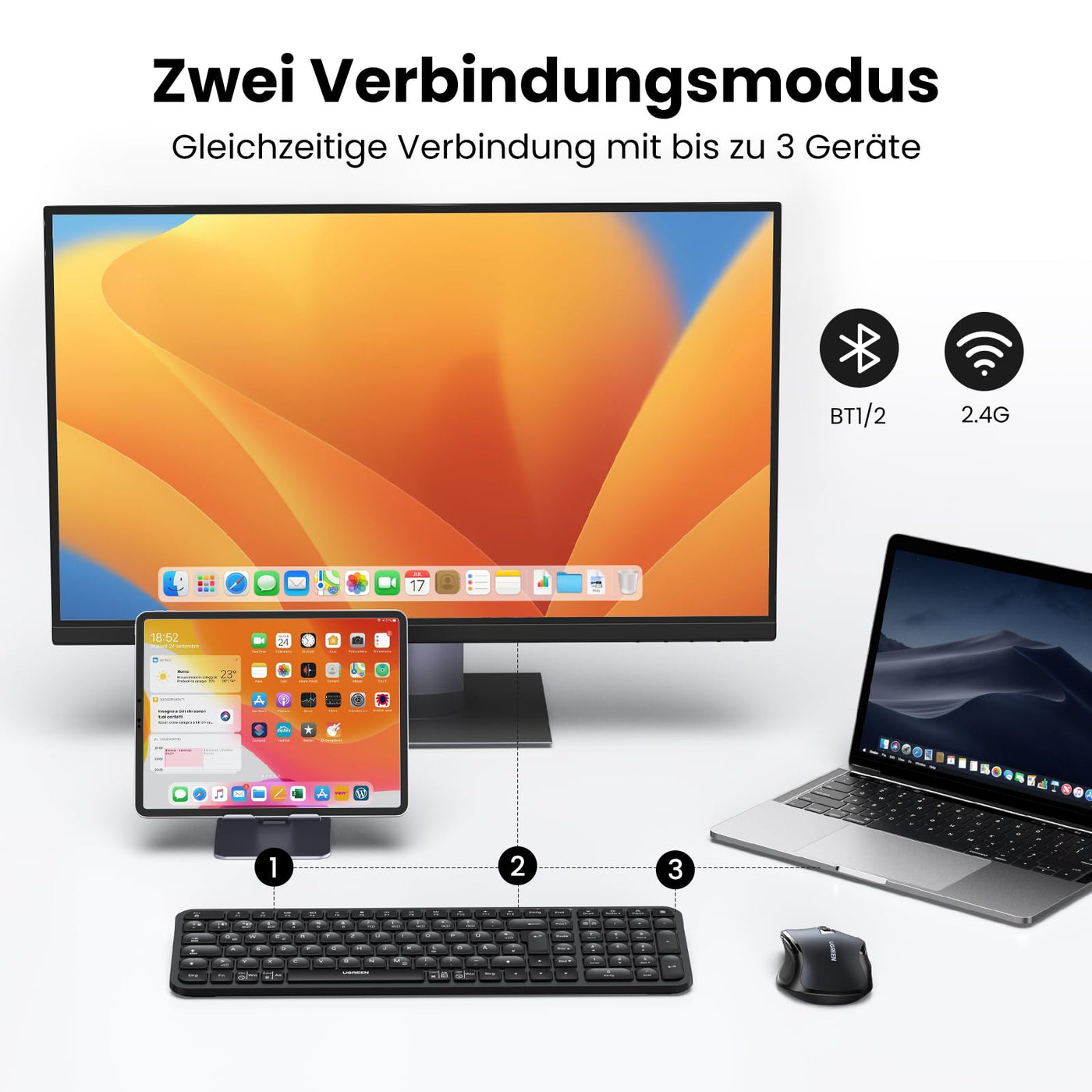 UGREEN Bluetooth Tastatur Maus Set kabellos (Bluetooth 5.0+2.4G) mit Shortcut-Tasten, Funktastatur mit Maus 4000 DPI für Windows/macOS/Linux/Android-Deutsches Layout